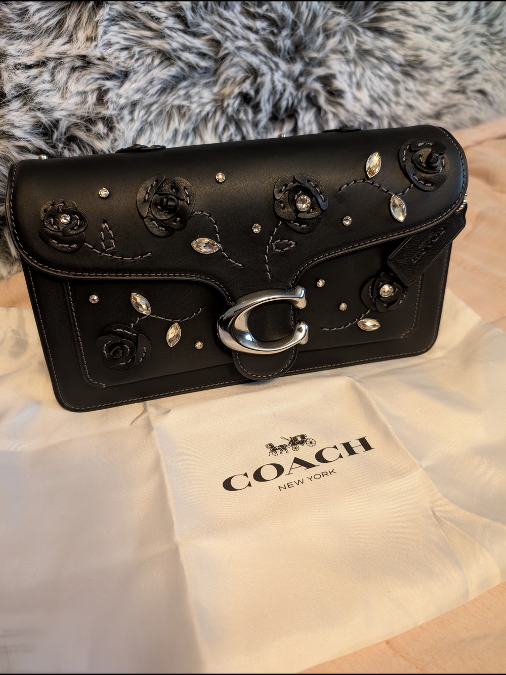 Coach Black Leather Floral Appliqué Crossbody with Crystal Accents